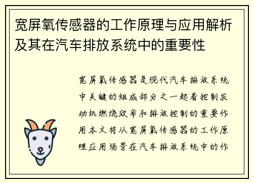 宽屏氧传感器的工作原理与应用解析及其在汽车排放系统中的重要性